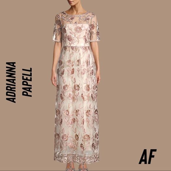 ADRIANNA PAPELL MOTHER OF THE BRIDE MAXI DRESS NWT TAUPE EMBELLISHED SIZE 4 - Picture 1 of 14